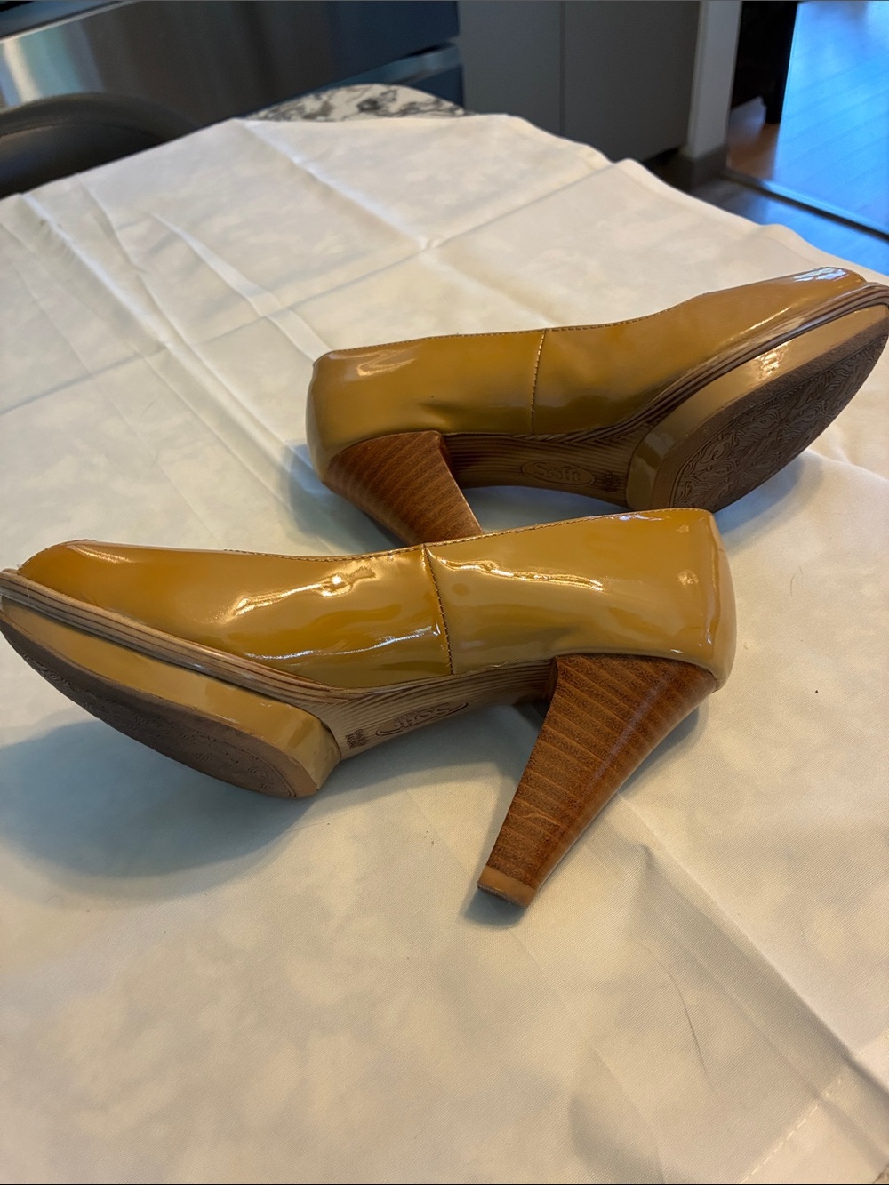 Sofft Patent Leather Peep-Toe Heels in Mustard Yellow - Picture 2 of 3